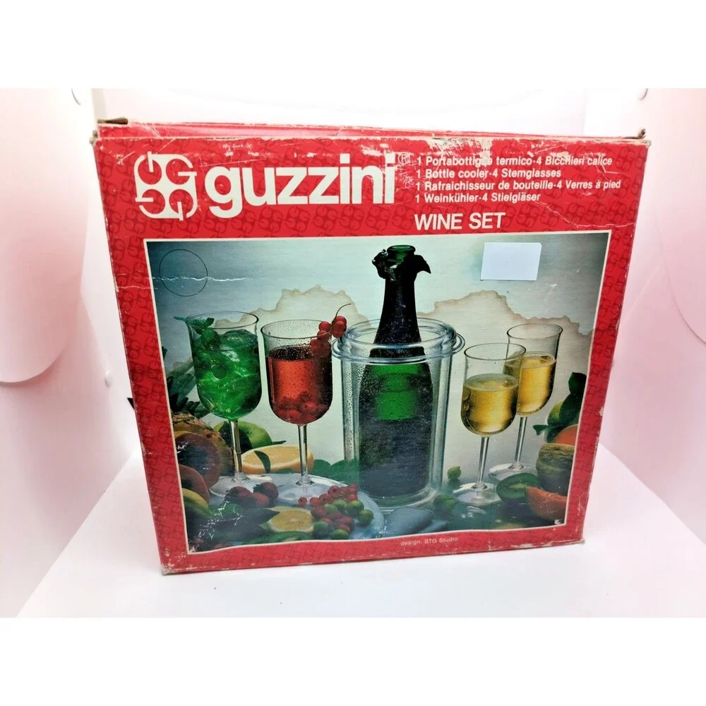 NEW Guzzini Wine Set – Bottle Cooler + 4 Stem Glasses – In Box (Vintage / Unused